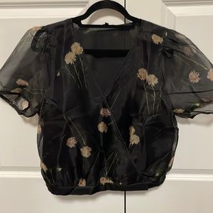 Black silk wrap front blouse